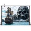 10X8ft Pirate Theme Photo Backdrop Photography Background, Treasure Chest Map Skull Gun Halloween Pirate Ship Trunk or Treat Backdrops Photo Booth Prop Decorations Wall Decor Tablecloth view 2