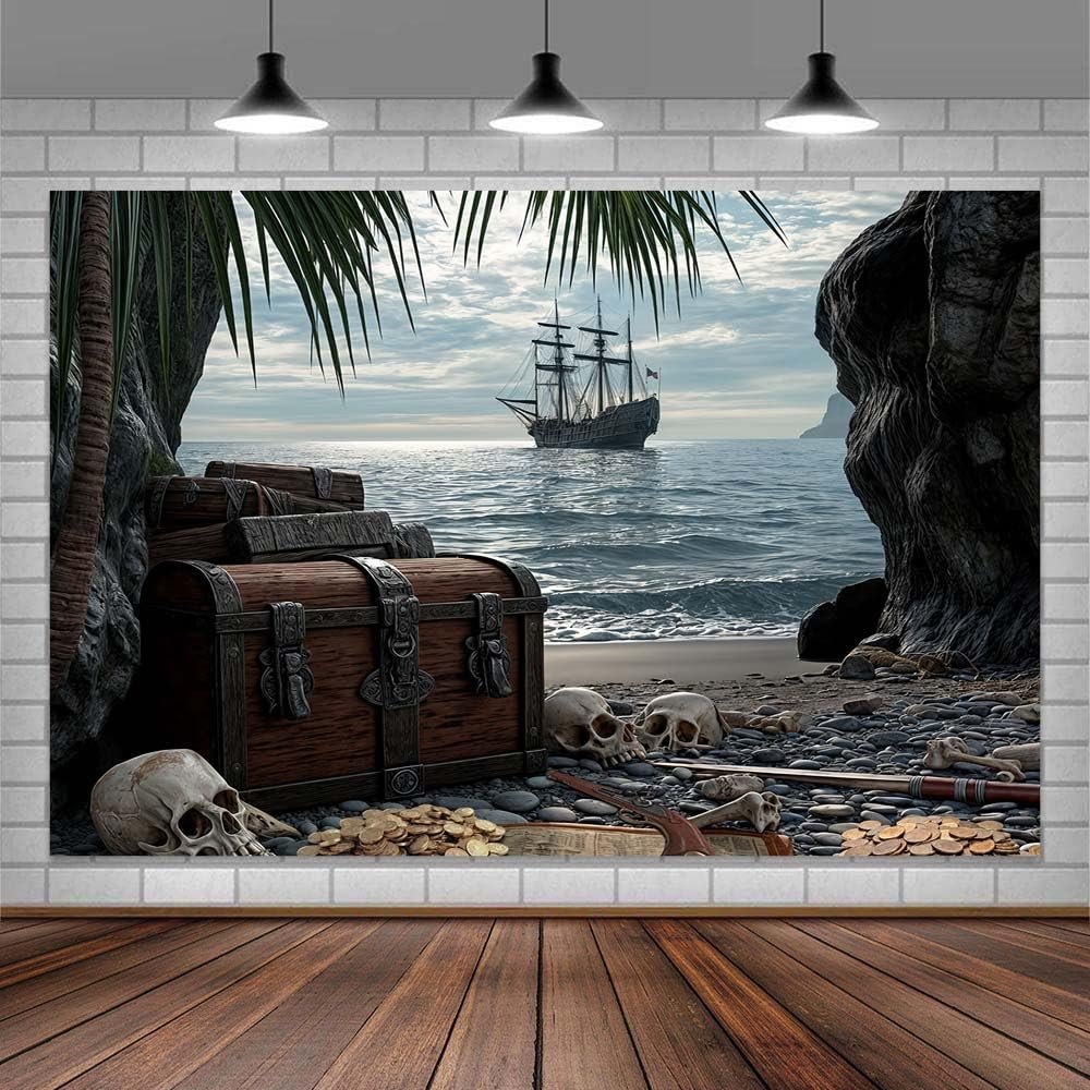 10X8ft Pirate Theme Photo Backdrop Photography Background, Treasure Chest Map Gun Skull Halloween Pirate Ship Trunk or Treat Backdrops Photo Booth Prop Decorations Wall Decor Tablecloth