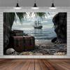 10X8ft Pirate Theme Photo Backdrop Photography Background, Treasure Chest Map Gun Skull Halloween Pirate Ship Trunk or Treat Backdrops Photo Booth Prop Decorations Wall Decor Tablecloth view 1