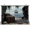 10X8ft Pirate Theme Photo Backdrop Photography Background, Treasure Chest Map Gun Skull Halloween Pirate Ship Trunk or Treat Backdrops Photo Booth Prop Decorations Wall Decor Tablecloth view 2
