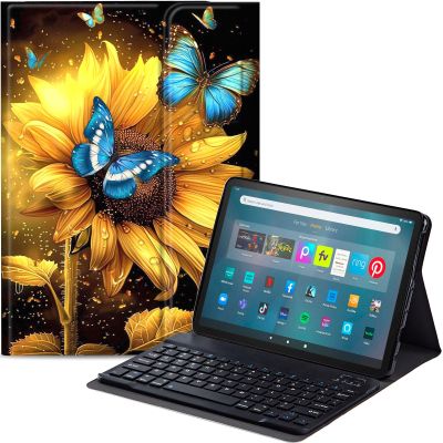 Qindaiwen Keyboard Case for Amazon Fire Max 11 (13th Generation, 2023 Release) with Detachable Bluetooth Keyboard & Slim PU Leather Protective Cover, Sunflower Butterfly