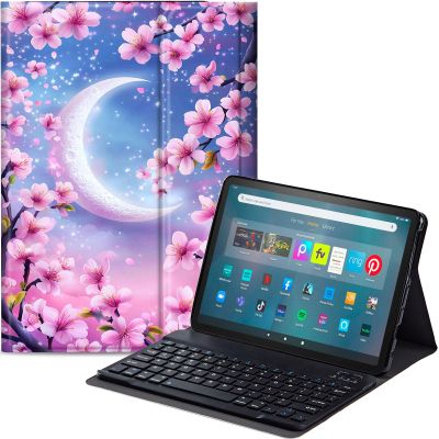 Qindaiwen Keyboard Case for Amazon Fire Max 11 (13th Generation, 2023 Release) with Detachable Bluetooth Keyboard & Slim PU Leather Protective Cover, Crescent Moon