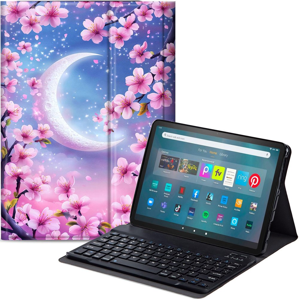 Qindaiwen Keyboard Case for Amazon Fire Max 11 (13th Generation, 2023 Release) with Detachable Bluetooth Keyboard & Slim PU Leather Protective Cover, Crescent Moon