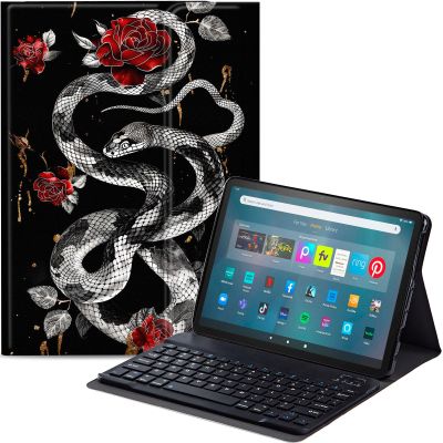 Qindaiwen Keyboard Case for Amazon Fire Max 11 (13th Generation, 2023 Release) with Detachable Bluetooth Keyboard & Slim PU Leather Protective Cover, Snake Roses