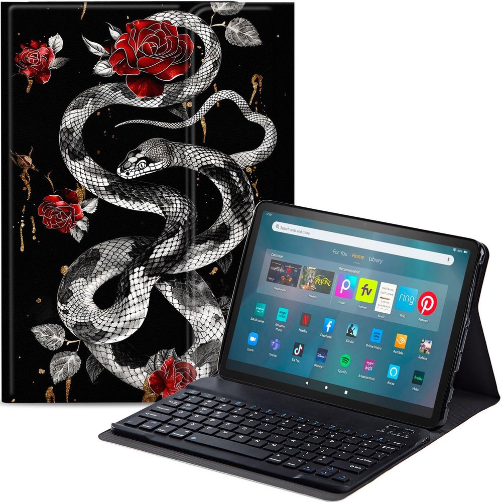 Qindaiwen Keyboard Case for Amazon Fire Max 11 (13th Generation, 2023 Release) with Detachable Bluetooth Keyboard & Slim PU Leather Protective Cover, Snake Roses