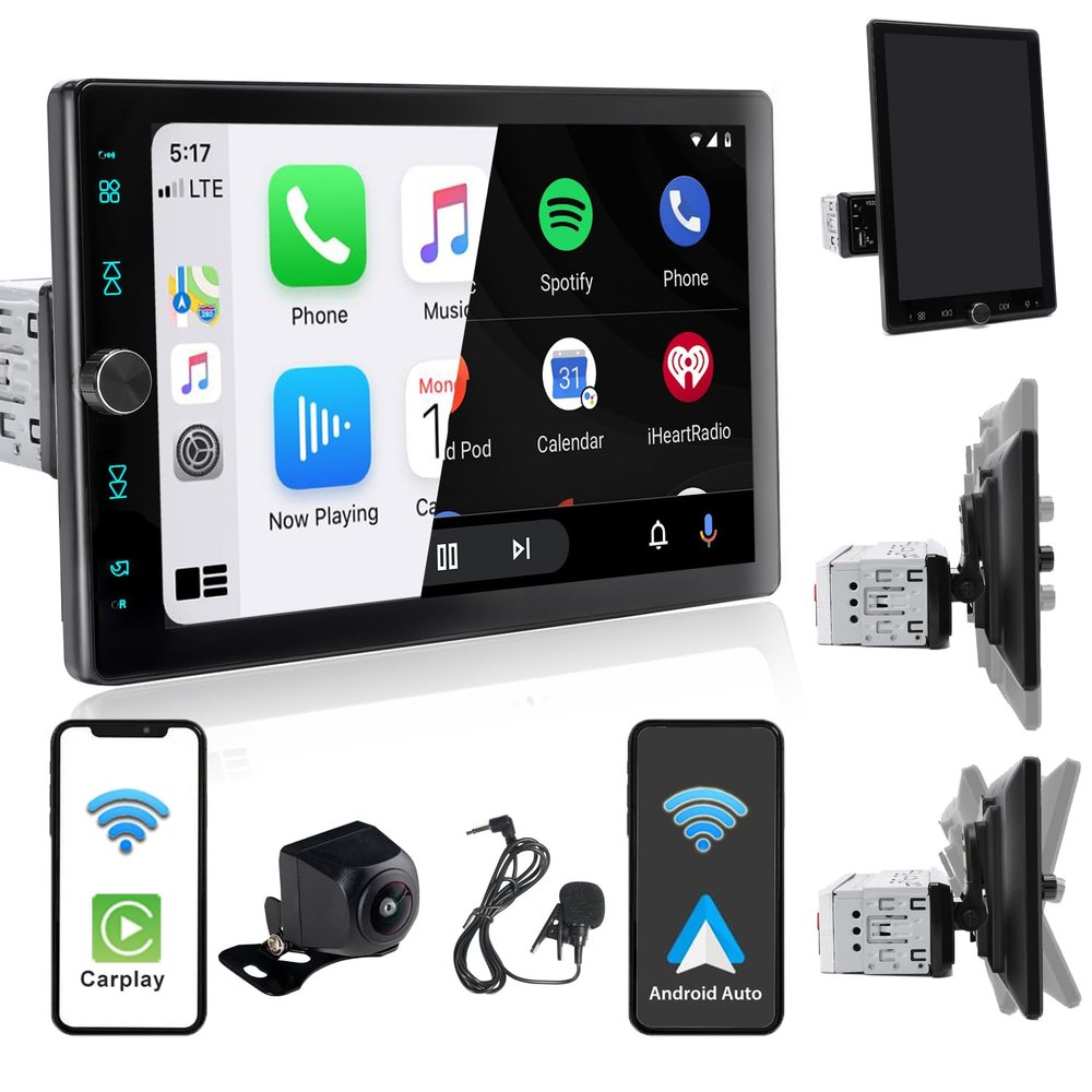 Alondy Single Din Car Radio Touchscreen (10.4" Rotatable) Compatible with Apple CarPlay [Wireless] Android Auto Car Stereo Bluetooth USB AUX SD Backup Camera