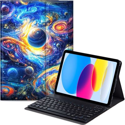 Qindaiwen Keyboard Case for iPad (A16) 11th/10th Generation (11/10.9 Inch, 2025/2022), Detachable Bluetooth Keyboard, Thin & Light Folio Cover, Universe Swirling