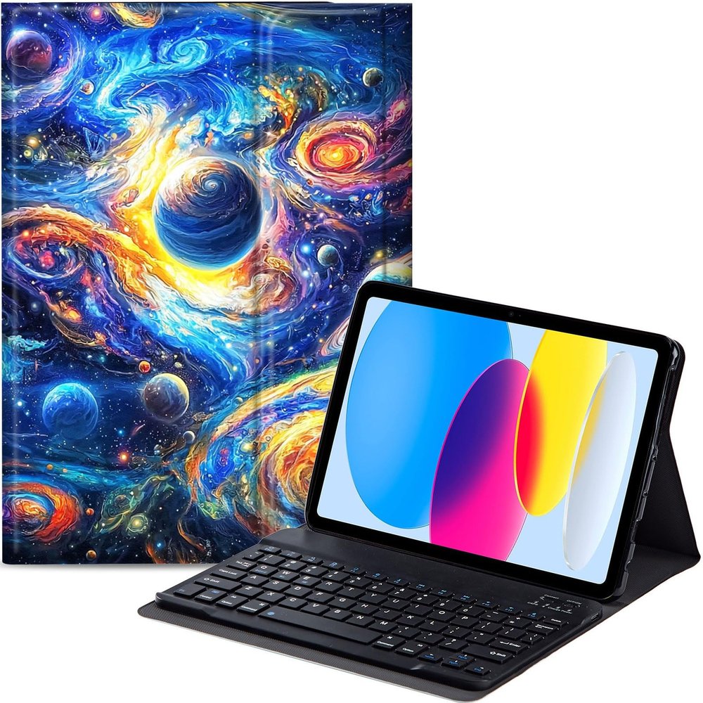Qindaiwen Keyboard Case for iPad (A16) 11th/10th Generation (11/10.9 Inch, 2025/2022), Detachable Bluetooth Keyboard, Thin & Light Folio Cover, Universe Swirling