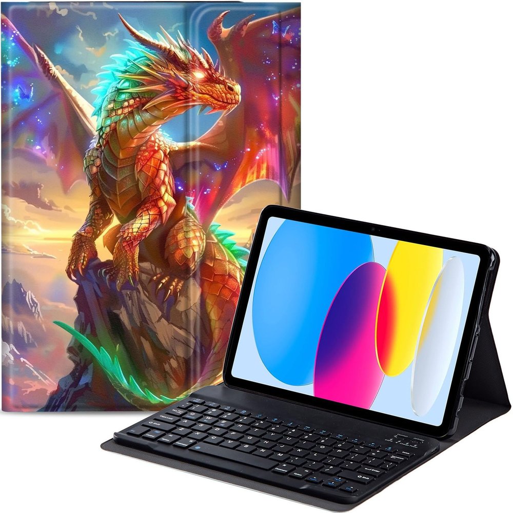Qindaiwen Keyboard Case for iPad (A16) 11th/10th Generation (11/10.9 Inch, 2025/2022), Detachable Bluetooth Keyboard, Thin & Light Folio Cover, Golden Dragon