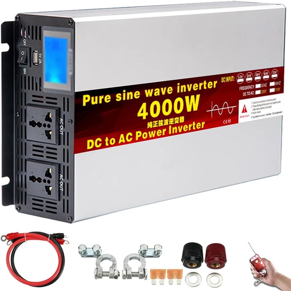 Pure Sine Wave Inverter 4000W/5000W/6000W/8000W Peak DC 12V/24V/48V/60V/72V to AC 110V/230V 240V Voltage Converter,with Voltage Display & AC outlets,for Car Caravan Camping Boat(4000W,24Vto220V)