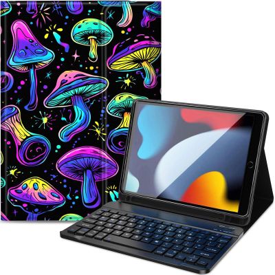 Qindaiwen Keyboard Case for iPad 9th/8th/7th Generation 10.2 inch, Detachable Bluetooth Keyboard Slim PU Leather Protective Cover with Pencil Holder for iPad 10.2 2021/2020/2019, Mushrooms