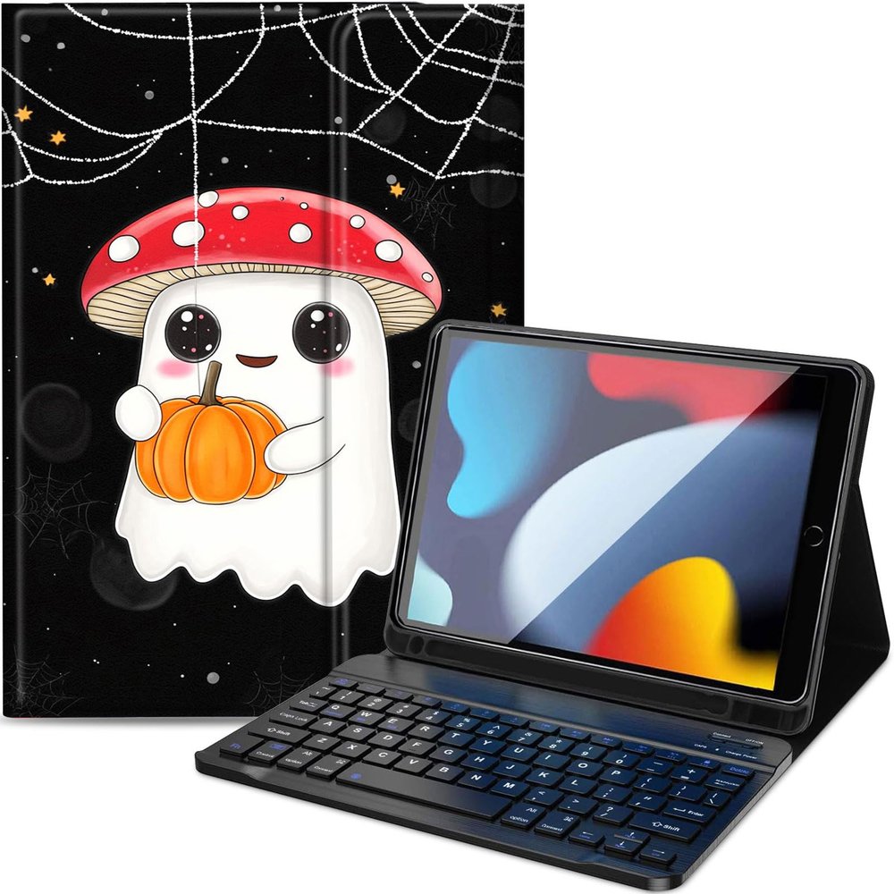 Qindaiwen Keyboard Case for iPad 9th/8th/7th Generation 10.2 inch, Detachable Bluetooth Keyboard Slim PU Leather Protective Cover with Pencil Holder for iPad 10.2 2021/2020/2019, Cute Cartoon Ghost