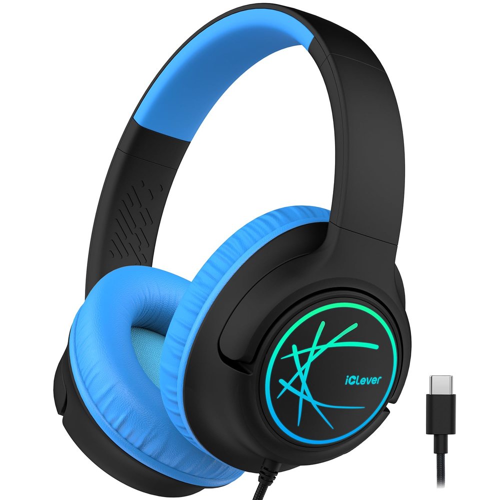 iClever Upgrade USB C Kids Headphones for School, 85dBA Safe Volume, Stereo Sound, Foldable Adjustable, Breathing Light, Over Ear Kids Headphones with Cord for Boys/Girls/iPad/Tablet/Travel
