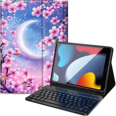 Qindaiwen Keyboard Case for iPad 9th/8th/7th Generation 10.2 inch, Detachable Bluetooth Keyboard Slim PU Leather Protective Cover with Pencil Holder for iPad 10.2 2021/2020/2019, Crescent Moon