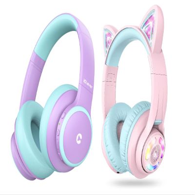 iClever BTH26 Active Noise Cancelling Headphones for Kids & BTH13 Meow Macaron Kids Bluetooth Headphones Bundles, Safe Volume, Kid Headphone for Travel iPad Tablet