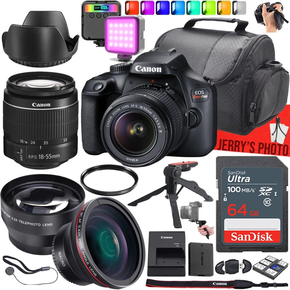 Canon EOS Rebel T100 (4000D) DSLR Camera with Canon EF-S 18-55mm f/3.5-5.6 III Lens, 64 GB Memory, RGB LED Video Light, Wide Angle & Telephoto Lens + More (19pc Bundle) (Renewed)