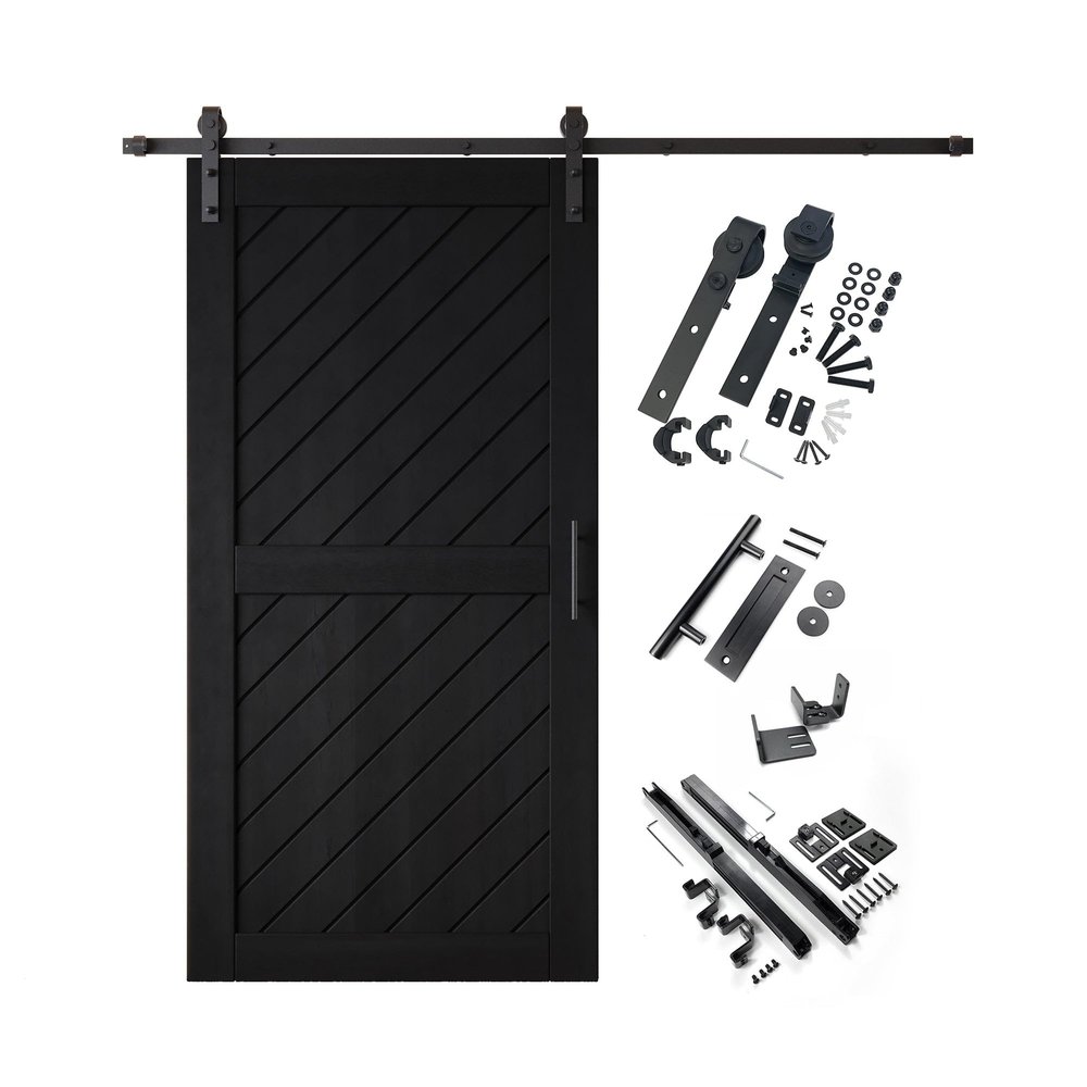 Homacer Black 32 in. x 80 in. Finished & Unassembled Slanted Stripe Design 001 Barn Door with Non-Bypass Installation Hardware Kit, 5.5ft Track, Interior use only