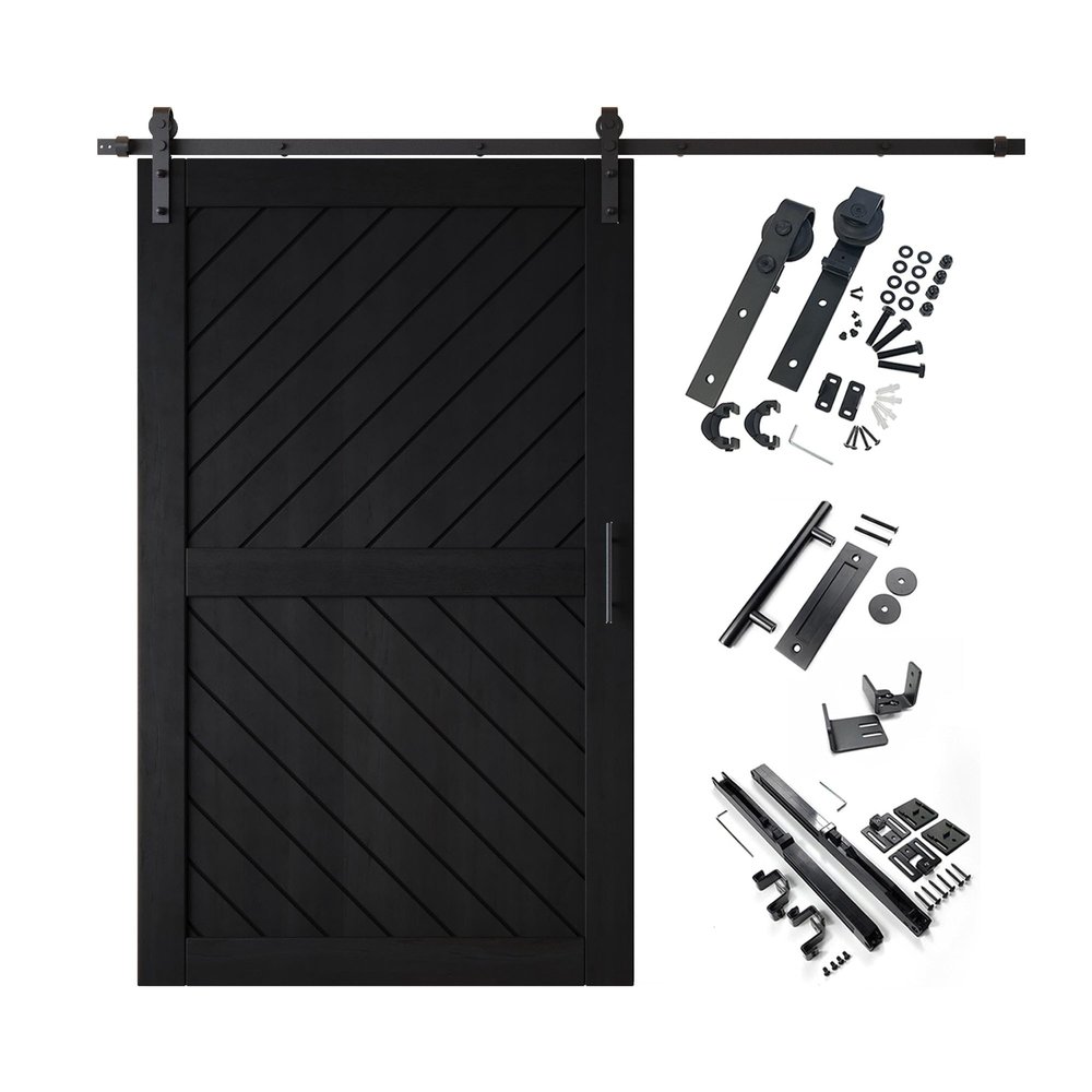 Homacer Black 48 in. x 80 in. Finished & Unassembled Slanted Stripe Design 003 Barn Door with Non-Bypass Installation Hardware Kit, 9ft Track, Interior use only