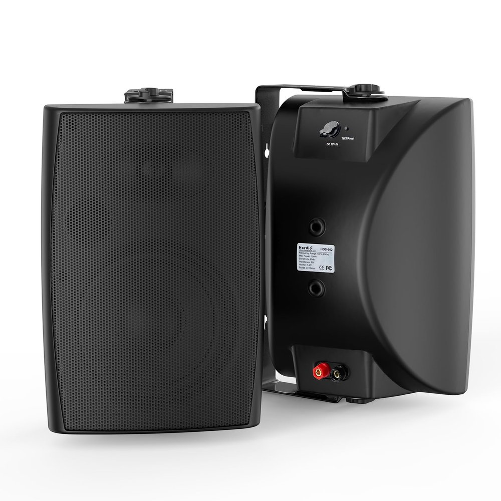 Herdio 5.25 Inches 300 Watts Outdoor Bluetooth Speakers, Bluetooth 5.3,TWS Stereo Paring,Wall Mount Speaker System Waterproof Suitable for Patio Home Poolside Deck Backyard (Pair, Black)