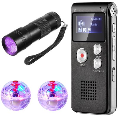 Dunzy 4 Pcs Ghost Hunting Equipment Kit Include 1 EVP Voice Recorder 8 Gb 1 UV Flashlight 2 LED Light up Cat Balls Ghost Investigation Paranormal Equipment for Home Outdoor Inspection(Black,Portable)