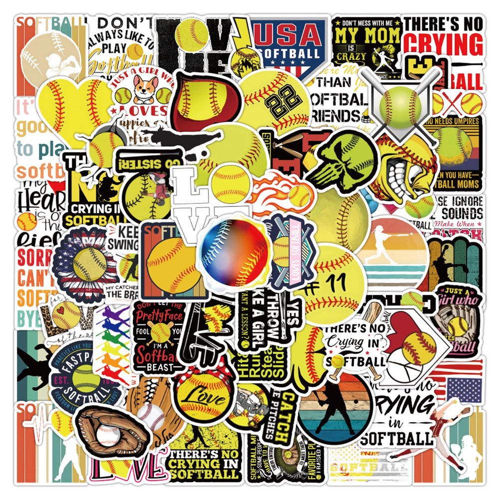 100PCS Premium Softball Stickers - Ideal for Bats, Helmets, Locker Decor - Waterproof & Durable - Perfect for Softball Enthusiasts & Teams - Eye-Catching Designs for Sports Decorations