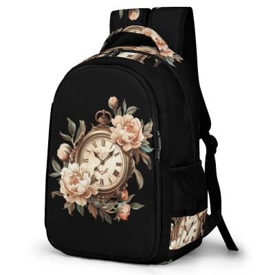 Aesthetic Clock Peony Flowers Backpack Business Laptop Backpack Lightweight Casual Daypack Carry-on Travel Backpack for Men Women