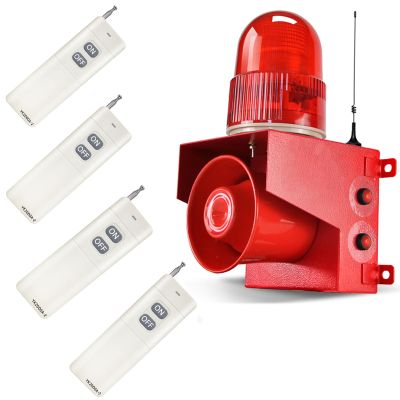 Industrial Wireless Remote Control Siren Alarm AC110V Outdoor 120dB Loud Horn Emergency Safety Alarm with 4 Remote Controller, Adjust Volume and Tone, 1.2mile Remote Distance, Strobe Light