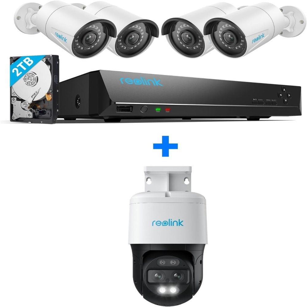 Reolink 5MP PoE Security Camera System Bundle, 4PCS 5MP IP Cameras, a 8CH NVR Pre-Installed with 2TB HDD, RLK8-410B4-5MP Bundle with 4K 8MP Dual-Lens Camera Trackmix PoE