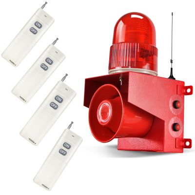 0.3mile Industrial Wireless Remote Control Alarm Siren AC220V Outdoor 120dB Loud Horn Emergency Safety Alarm with 4 Remote Controller, Adjust Volume and Tone, Strobe Light