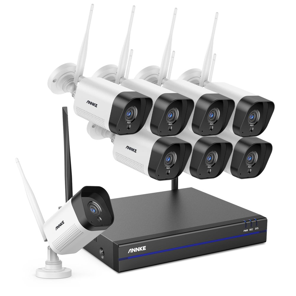 ANNKE Security Camera System, 8pcs Wireless 5MP IP Cameras with 10CH 5MP NVR for Home Security Outdoors, Motion Detection, Two-Way Audio, 100ft Night Vision, Compatible with Alexa, NO HDD
