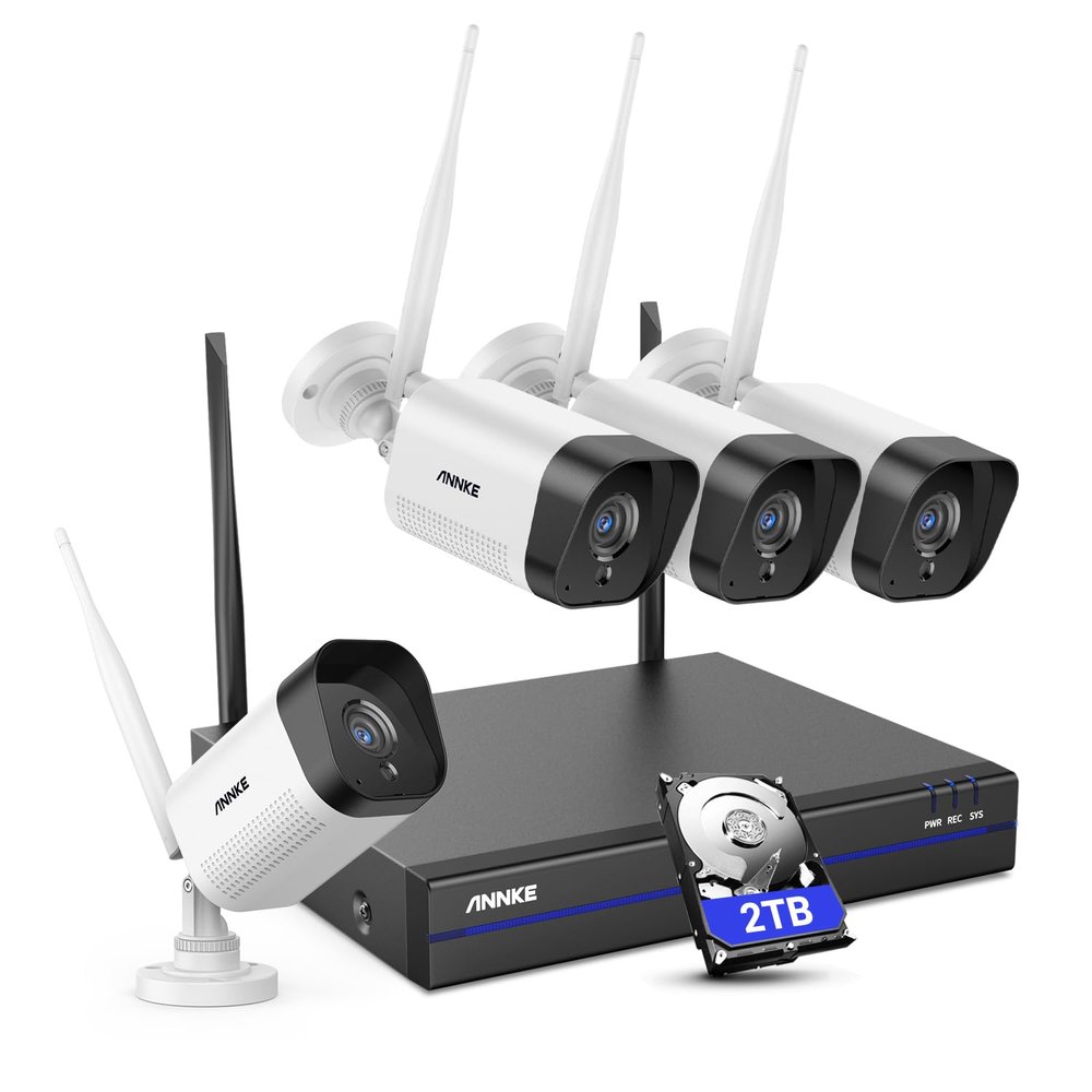 ANNKE Security Camera System, 4pcs Wireless 5MP IP Cameras with 10CH 5MP NVR for Home Security Outdoors, Motion Detection, Two-Way Audio, 100ft Night Vision, Compatible with Alexa, 2TB Hard Drive