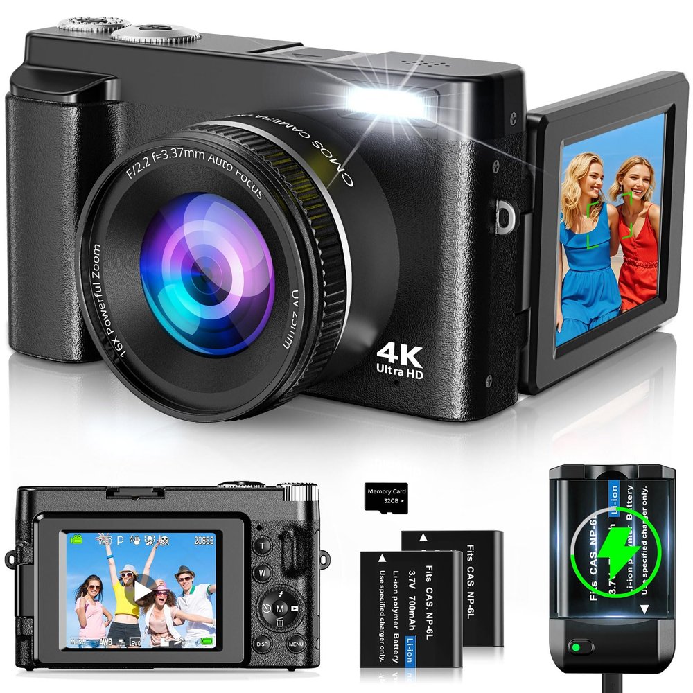 4K Digital Camera for Photography and Video, Autofocus 48MP Vlogging Camera for YouTube with 3'' 180Flip Screen 16X Zoom Compact Travel Cameras with SD Card, 2 Batteries, Anti-Shake, Flash (Black)