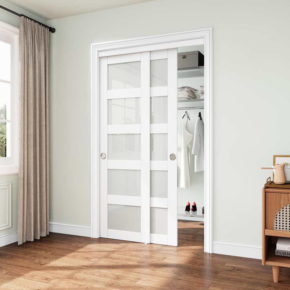 JUJUBON 48"80" Closet Sliding Door (Double Barn Doors 25"), Frosted 5 Panel Tempered Glass Sliding Door with Hardware Kit, Pre-Drilled Panel, MDF with Paintable Surface, White, Need to Assemble