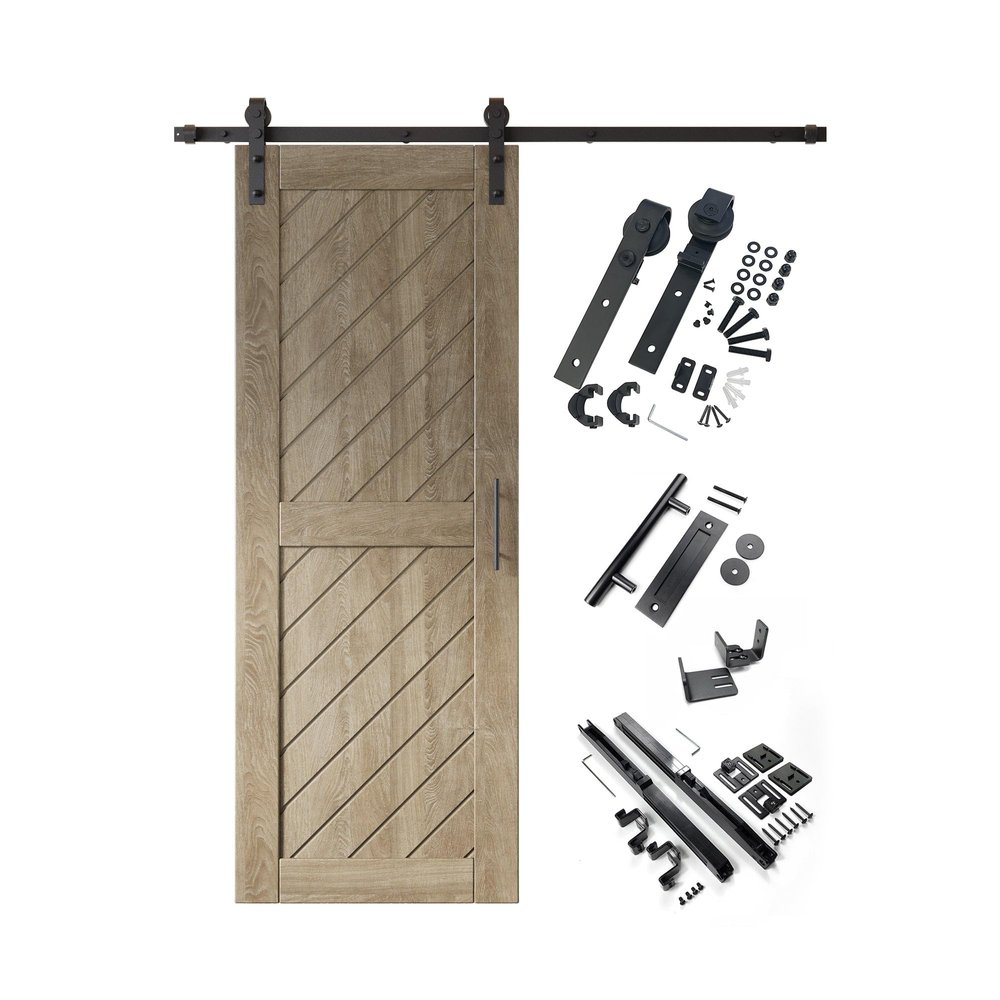Homacer Classic Gray 48 in. x 80 in. Slanted Stripe Design 004 Barn Door with Non-Bypass Installation Hardware Kit, 9ft Track, Interior use only