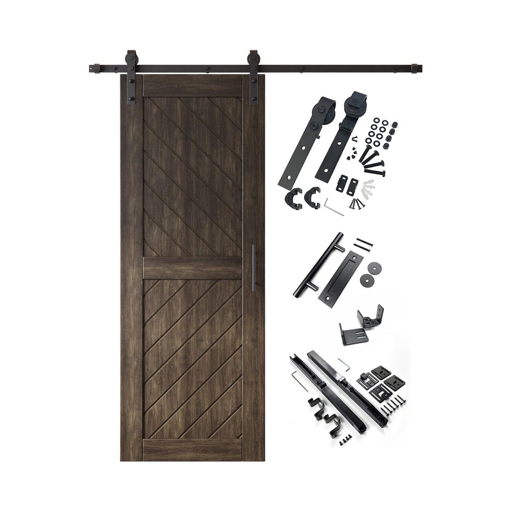 Homacer Ebony 26 in. x 80 in. Slanted Stripe Design 004 Barn Door with Non-Bypass Installation Hardware Kit, 4.5ft Track, Interior use only
