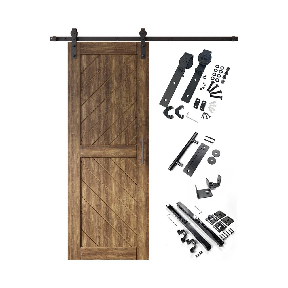 Homacer Dark Walnut 26 in. x 80 in. Slanted Stripe Design 003 Barn Door with Non-Bypass Installation Hardware Kit, 4.5ft Track, Interior use only