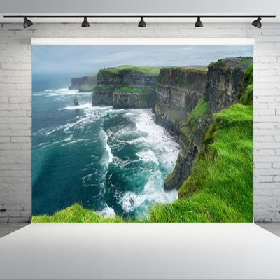 CHNYWORK 12x8ft Moher Cliffs Backdrop Green Grass Meadow Sea Waves Ireland Atlantic Ocean Scenery Background Europe Travel Hiking Camp Birthday Wedding Party Decor Portrait Photo Studio Props