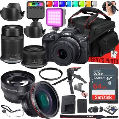 Canon EOS R100 Mirrorless Camera with Canon RF-S 18-45mm f/4.5-6.3 is STM & RF-S 55-210mm f/5-7.1 is STM Lens + 64 GB Memory + RGB LED Video Light + Camera Case + More (24pc Bundle) (Renewed)