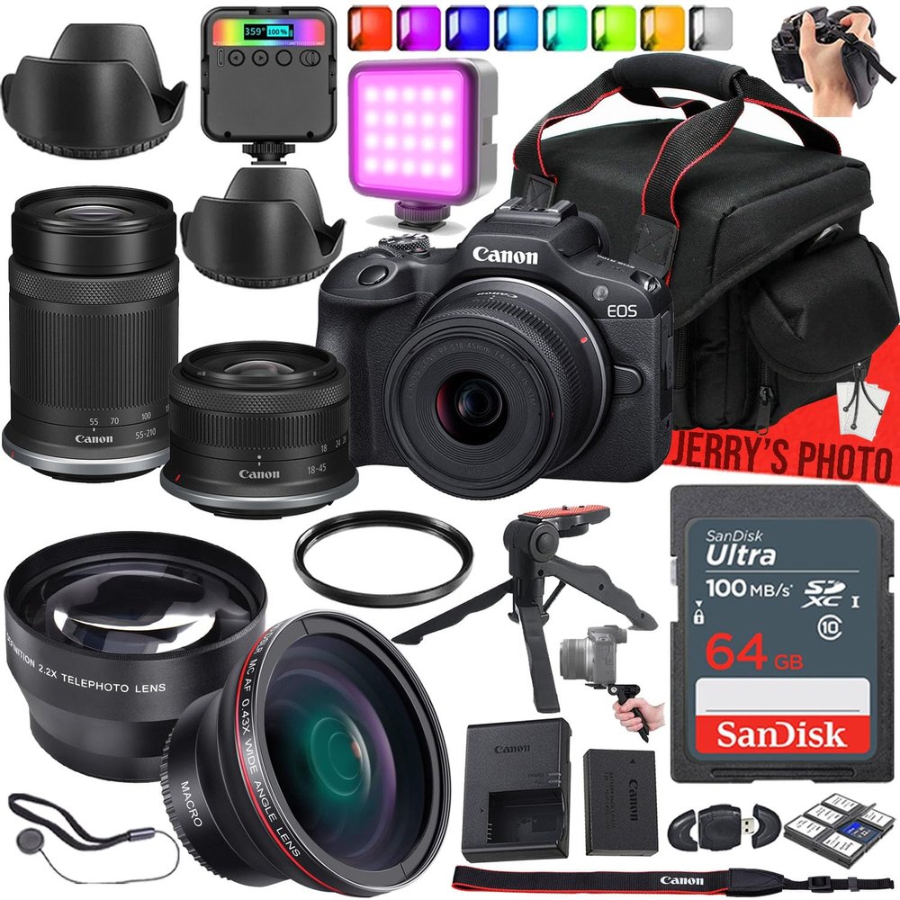 Canon EOS R100 Mirrorless Camera with Canon RF-S 18-45mm f/4.5-6.3 is STM & RF-S 55-210mm f/5-7.1 is STM Lens + 64 GB Memory + RGB LED Video Light + Camera Case + More (24pc Bundle) (Renewed)