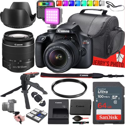 Canon EOS Rebel T100 (4000D) DSLR Camera with Canon EF-S 18-55mm f/3.5-5.6 III Lens + 64 GB Memory + RGB LED Video Light + Camera Case + UV Filter + Gripster Tripod + More (16pc Bundle) (Renewed)
