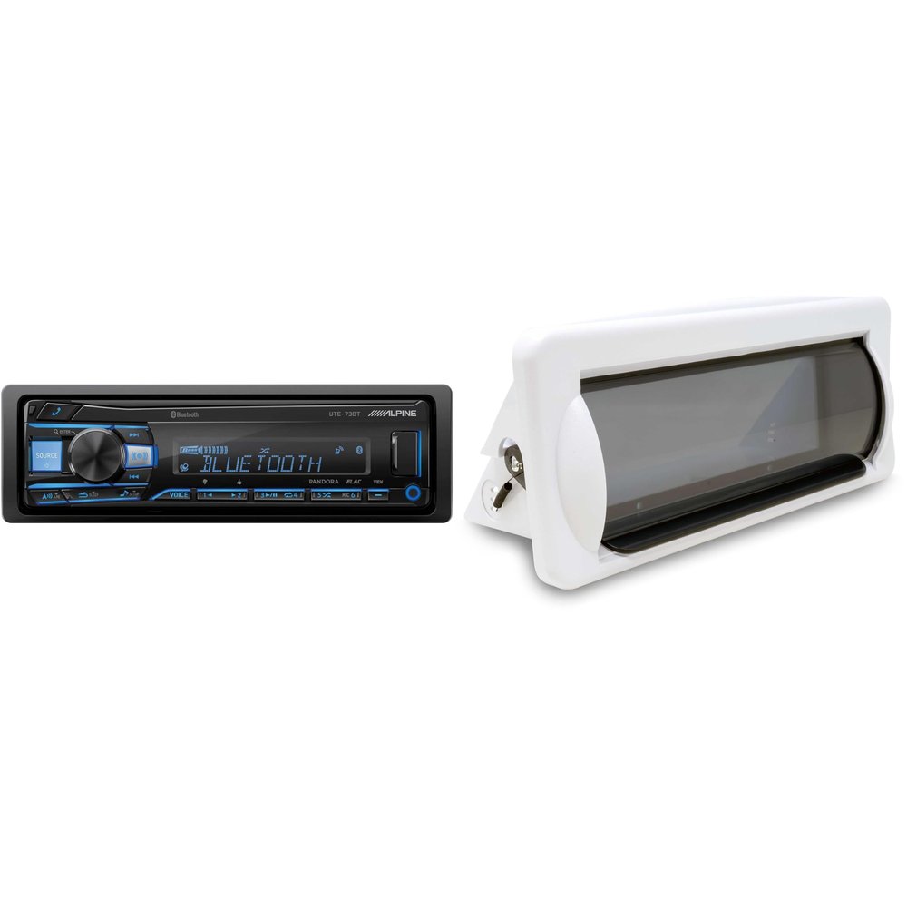 Alpine UTE-73BT Mech-Less Digital Media Receiver with Bluetooth Wireless Technology with Creative Audio CAMC1W Marine Single DIN Radio Mounting Kit with Retractable Cover (White)