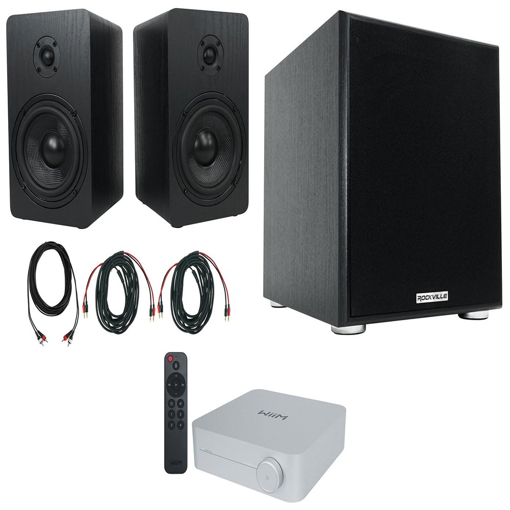 Audiosavings Bundle: Silver Amplifier Receiver Bundle with Pair Rockville RockShelf Bookshelf Speakers,(2) Rockville BN20 Cable & Rockville Rock Shaker Subwoofer Sub & Rockville RCDR25B Cable (6 Item)
