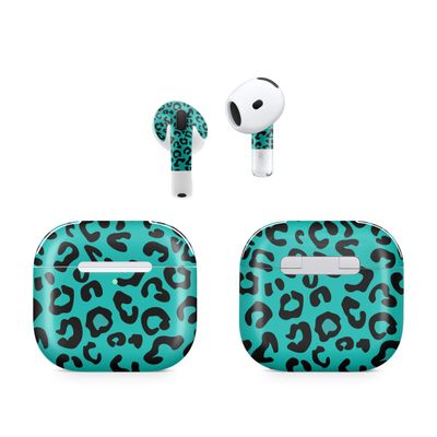 (2 Pack) Headphone Skin Compatible with Apple AirPods 4 - Teal Leopard - Premium 3M Vinyl Protective Wrap Decal Cover - Easy to Apply | Crafted in The USA by MightySkins