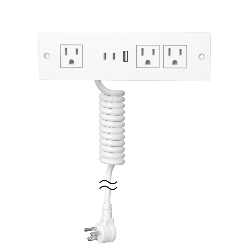 Furniture Drawer Outlet, Recessed Power Strip with (3) PD 20W USB Ports Fast Charging & (3) 15 Amp AC Outlets, (14 AWG) 10 FT White Spring Cord