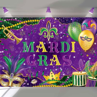 Mardi Gras Backdrop Carnival Masquerade Photography Backdrop Purple Green Gold Mask Beads Banner for Mardi Gras Festival Dress-up Birthday Party Decorations Supplies (8x6FT: 96x72 inch)