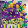 Mardi Gras Backdrop Carnival Masquerade Photography Backdrop Purple Green Gold Mask Beads Banner for Mardi Gras Festival Dress-up Birthday Party Decorations Supplies (8x6FT: 96x72 inch) view 4
