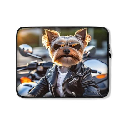 Protective Case Cover Bag for iPad (Regular, Air, Pro 9, 10, 11, 12, 13 inches) Funny Yorkshire Terrier Puppy Dog Yorkie in 90s Sunglasses & Motorcycle Jacket Zippered Sleeve