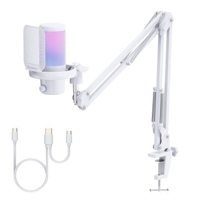 FEELWORLD VM1 White Gaming PC USB Microphone Condenser Mic with Noise Cancellation Mute RGB Light, Computer Accessories Gifts for Gamer YouTube Twitch Podcast Streaming Recording Online Chat PS4 PS5