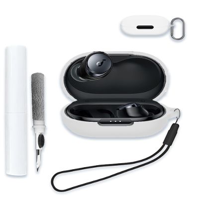 Case for Soundcore by Anker Space A40 Adaptive Active Noise Cancelling Wireless Earbuds, WUNIAK Soft Silicone Protective Portable Scratch Shock with Cleaner Kit & Carabiner & LanyardWhite