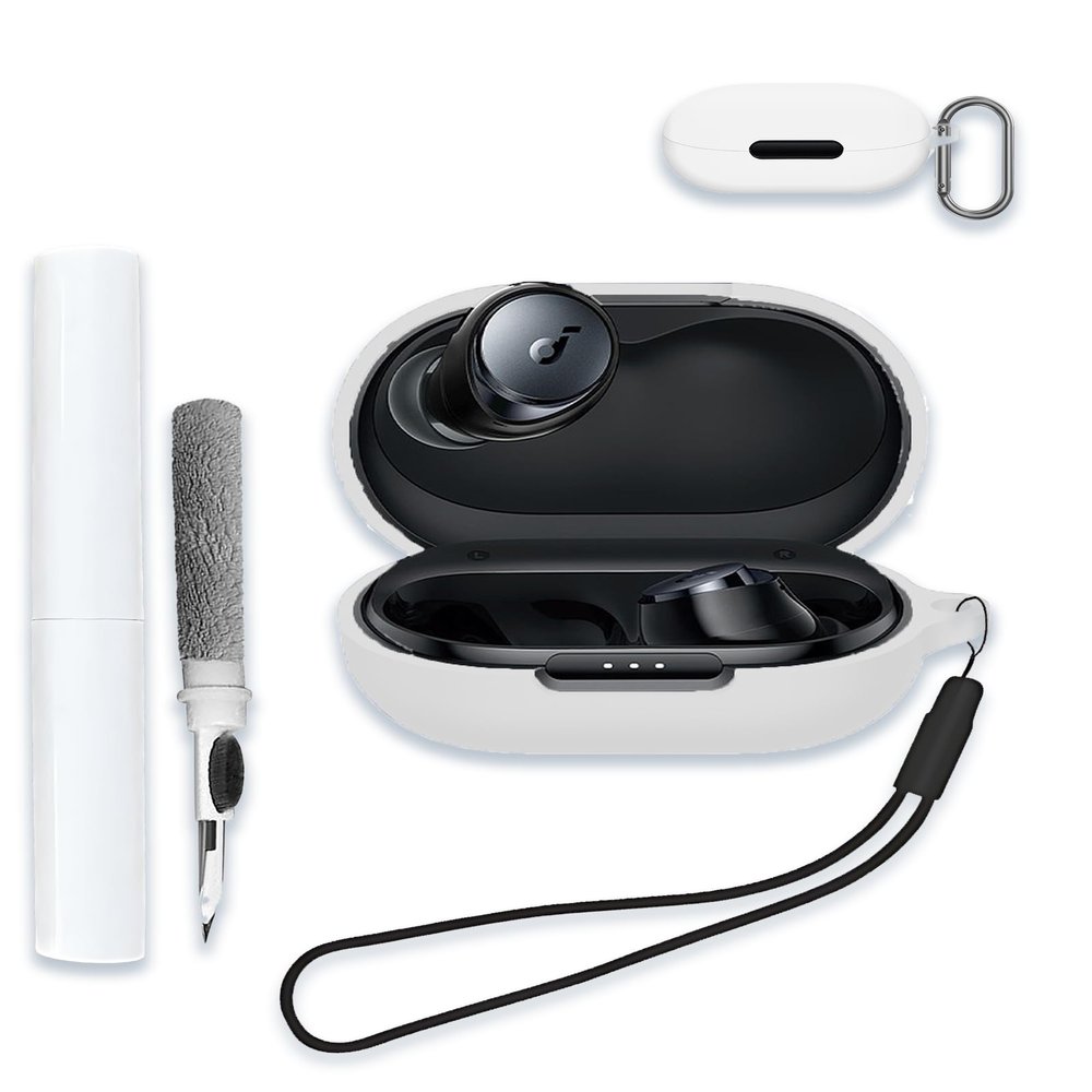 Case for Soundcore by Anker Space A40 Adaptive Active Noise Cancelling Wireless Earbuds, WUNIAK Soft Silicone Protective Portable Scratch Shock with Cleaner Kit & Carabiner & LanyardWhite
